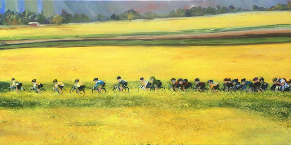 Print of a painting of cyclists in a rapeseed field Yorkshire oil painting