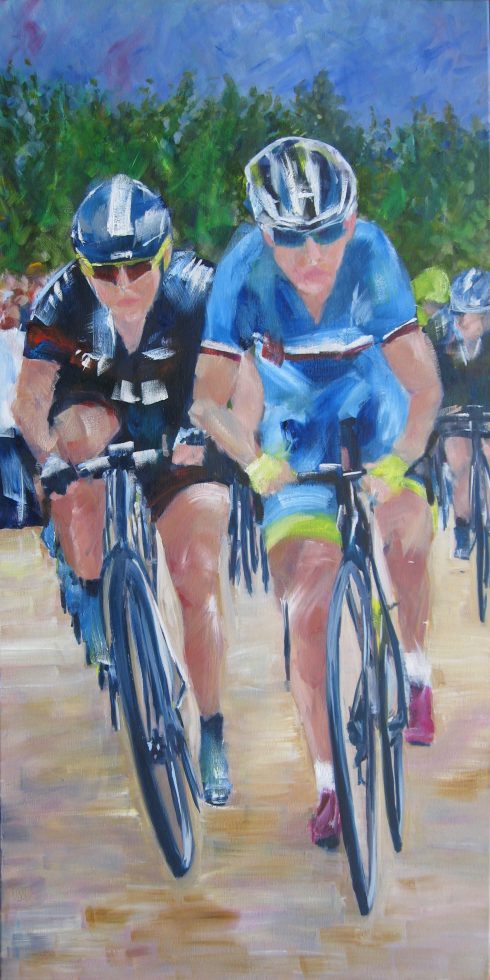 nibali and cavendish racing on cobbles oil painting