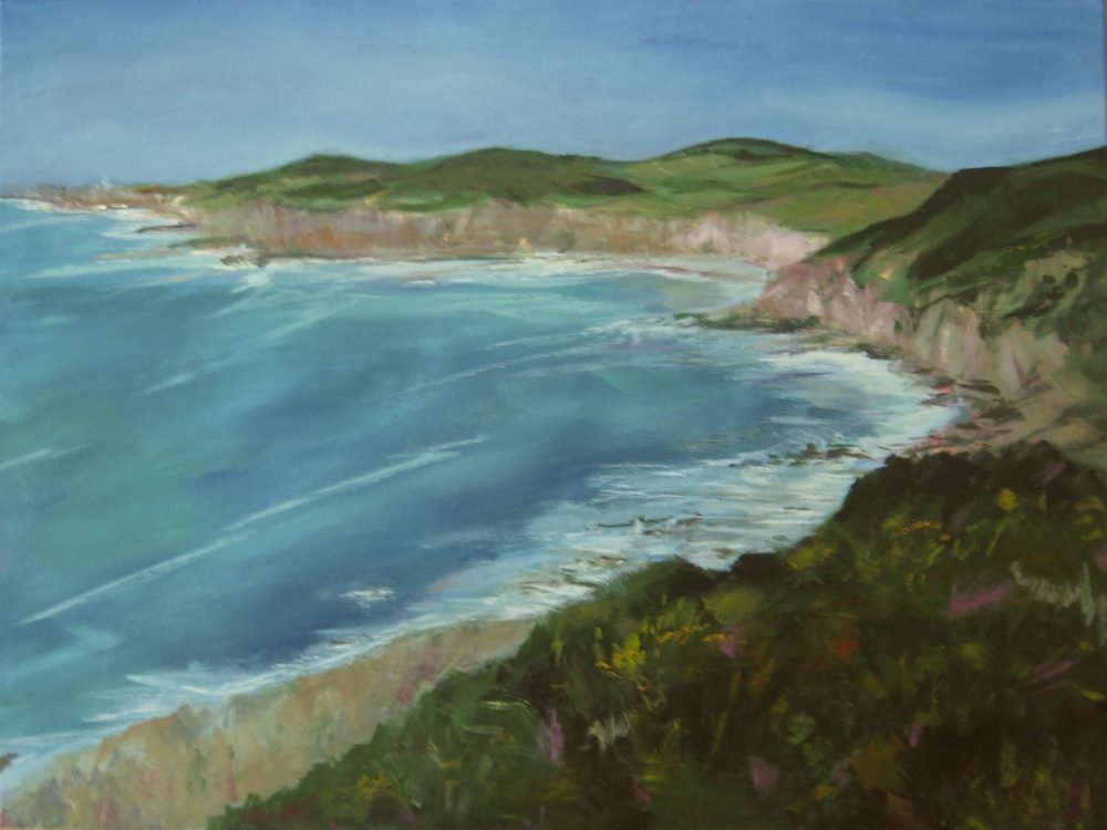 acrylic painting of a sea bay and clifs at mortehoe devon