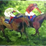 work in progress acrylic painting two to go of two horses racing