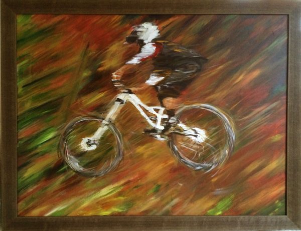 PAINTING =acrylic on canvas downhill mountain biker in full flight in woods