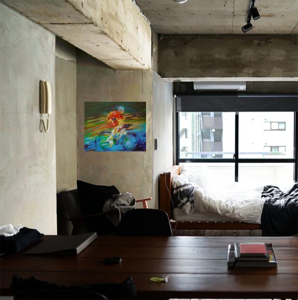 a photo of a painting of a cyclist in red and blue in an apartmenet with concrete walls and brown furniture