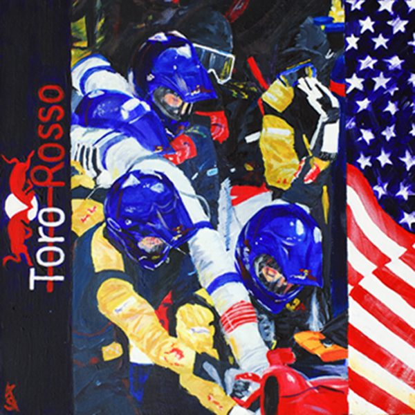 an acrylic painting of toro rosso pit crew refuelling a car