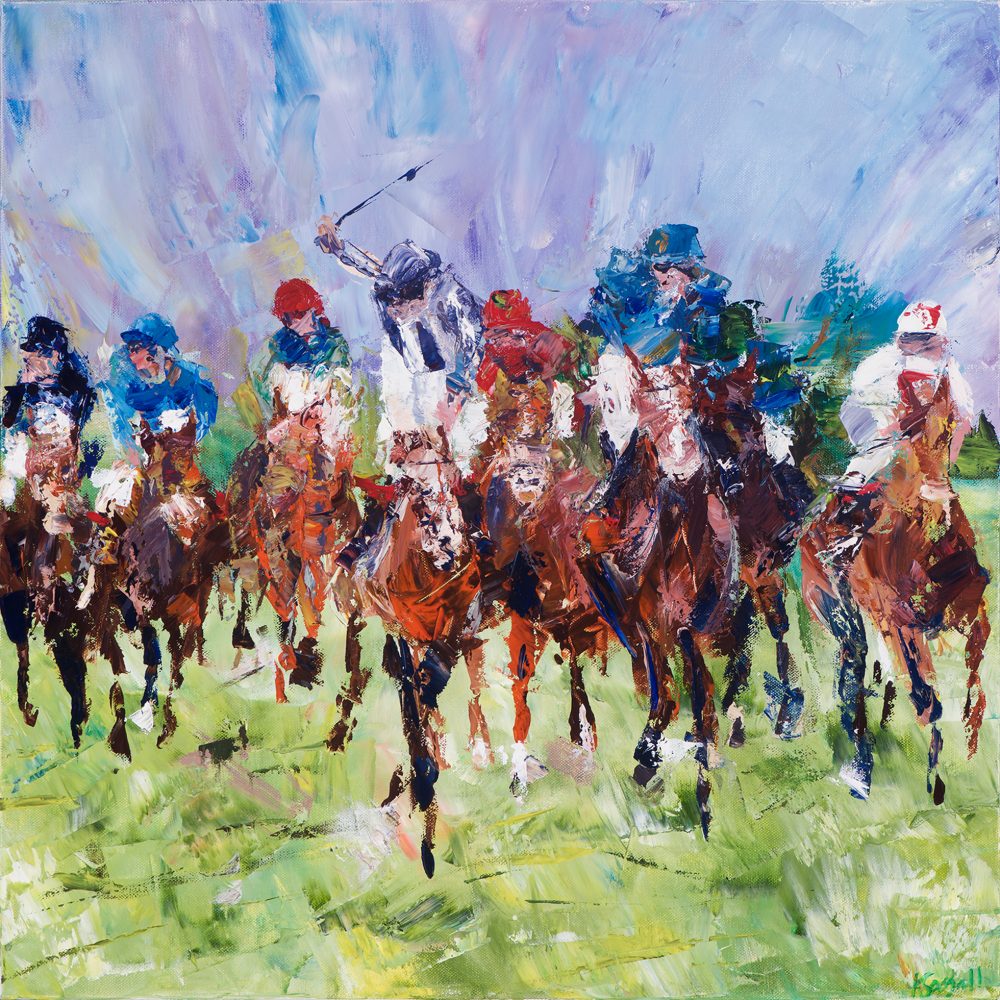 PRINTS AVAILABLE oil painting riders on horses galloping in grand national