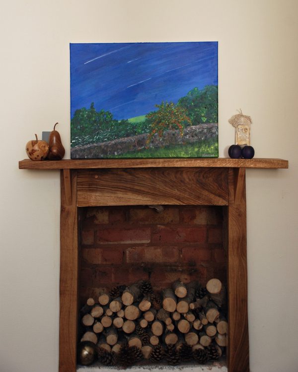 acrylic painting of bright blue summer sky a wall on a hillside and apple tree hanging over it