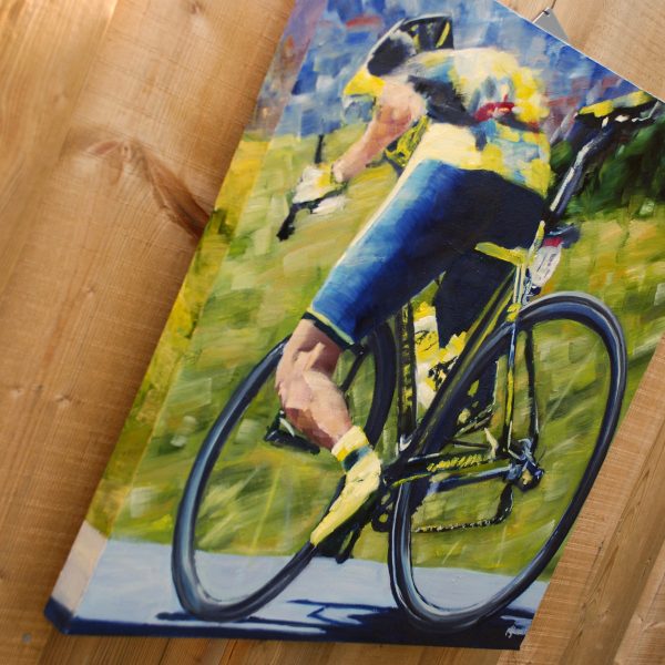 Detail of LHS of oil painting of Rafal Majka flat on top tube of his Tinkoff Saxo bike