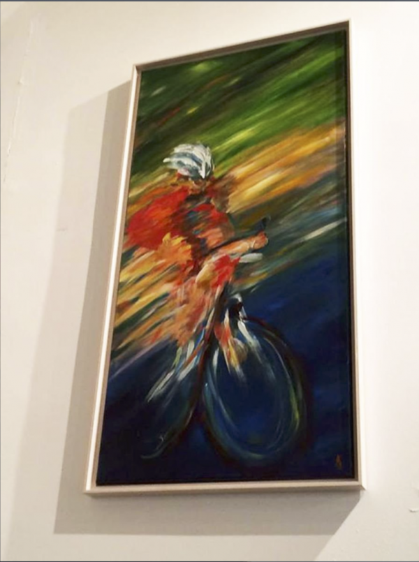 photo of painting of a cyclist in bright streaked expressionist style by kathryn sassall