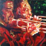 acrylic painting of two trumpeters in reds golds and with a green background just showing right profile of heads and right hands on the keys square image