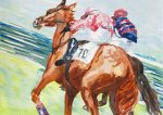PAINTING watercolourof 2 horses and riders at a point to point racing to the finish